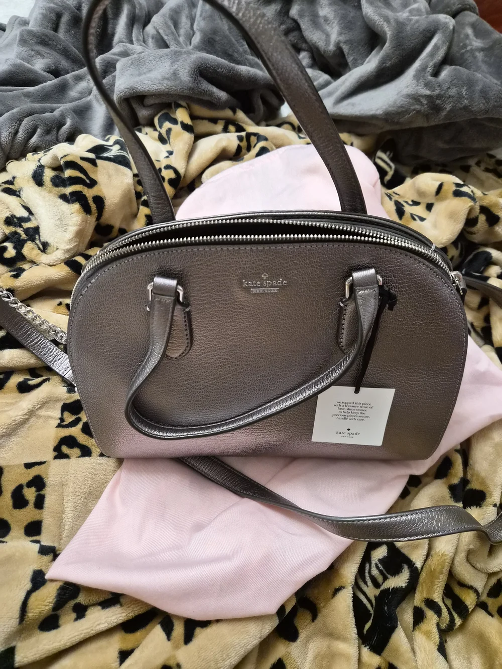 NWT kate spade Metallic Dome Satchel Handbag - Pewter With Bling - Picture 1 of 8